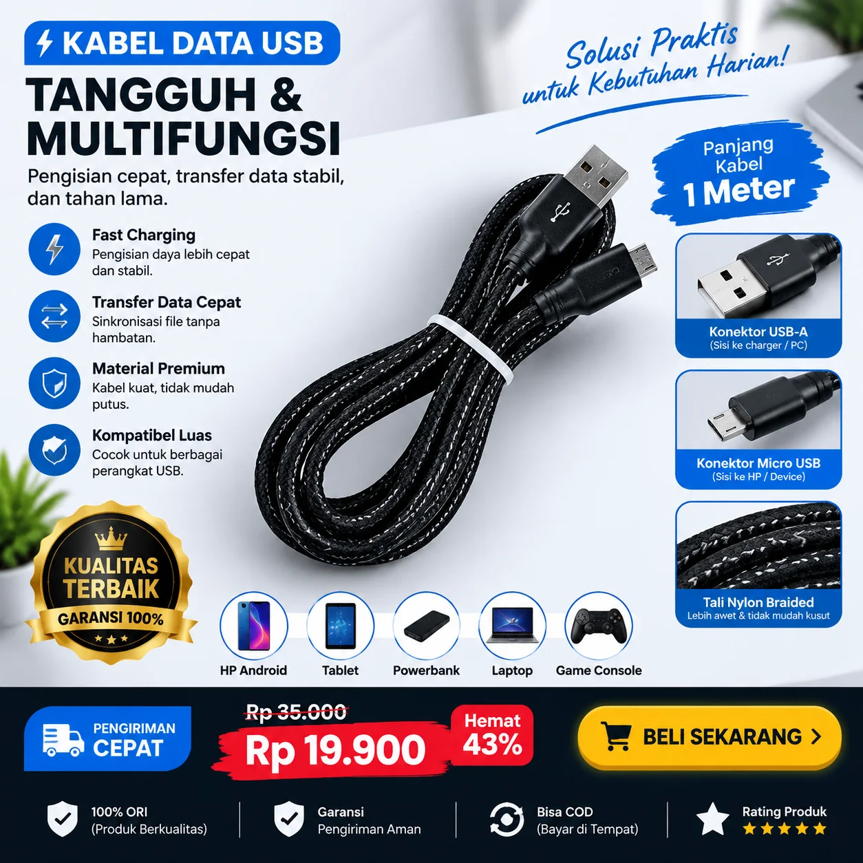 Kabel Data USB Braided 1 Meter